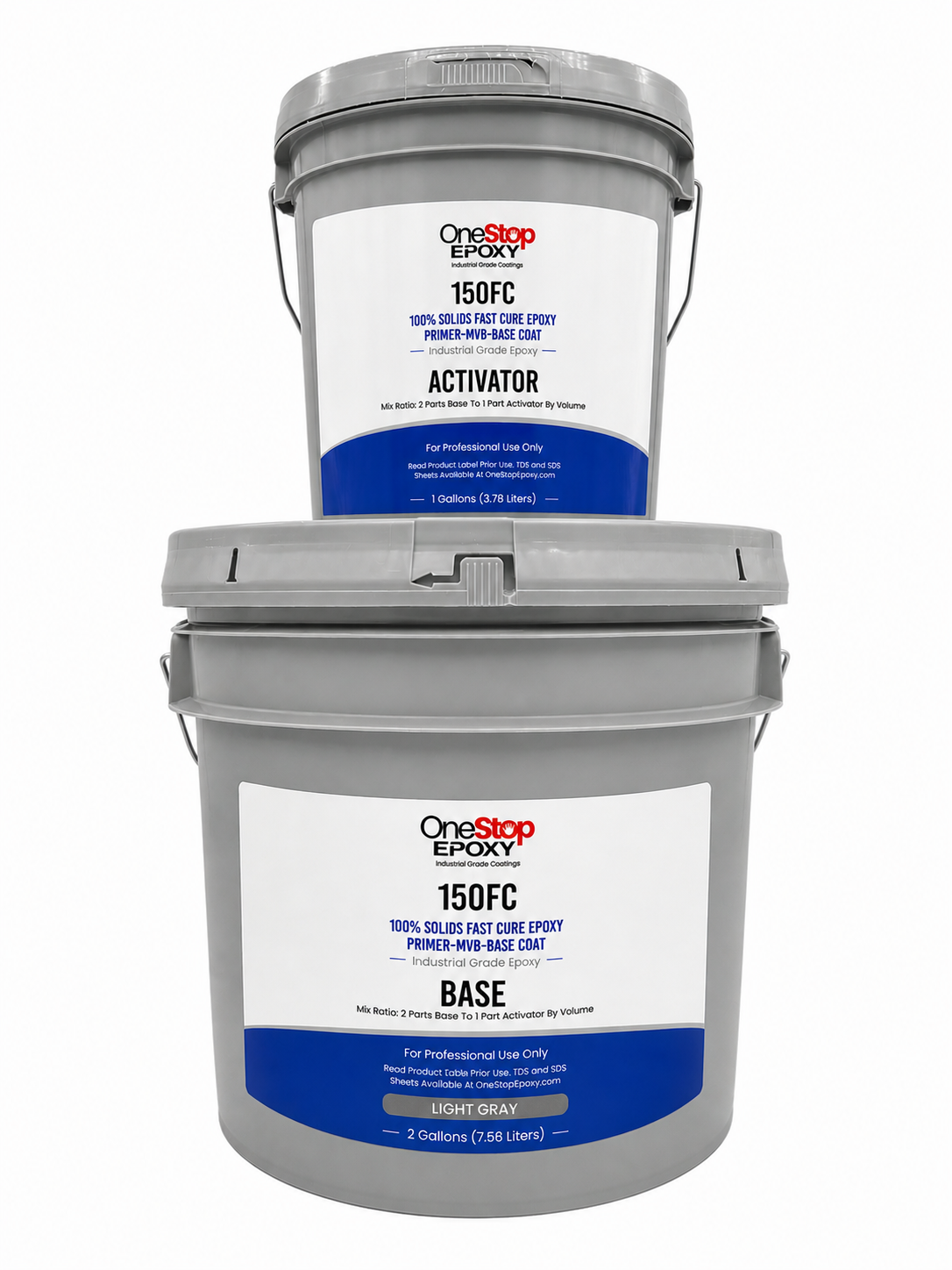 150 Fast Cure self-leveling 100% solids epoxy kit with stacked light gray base and activator buckets for rapid floor coating.