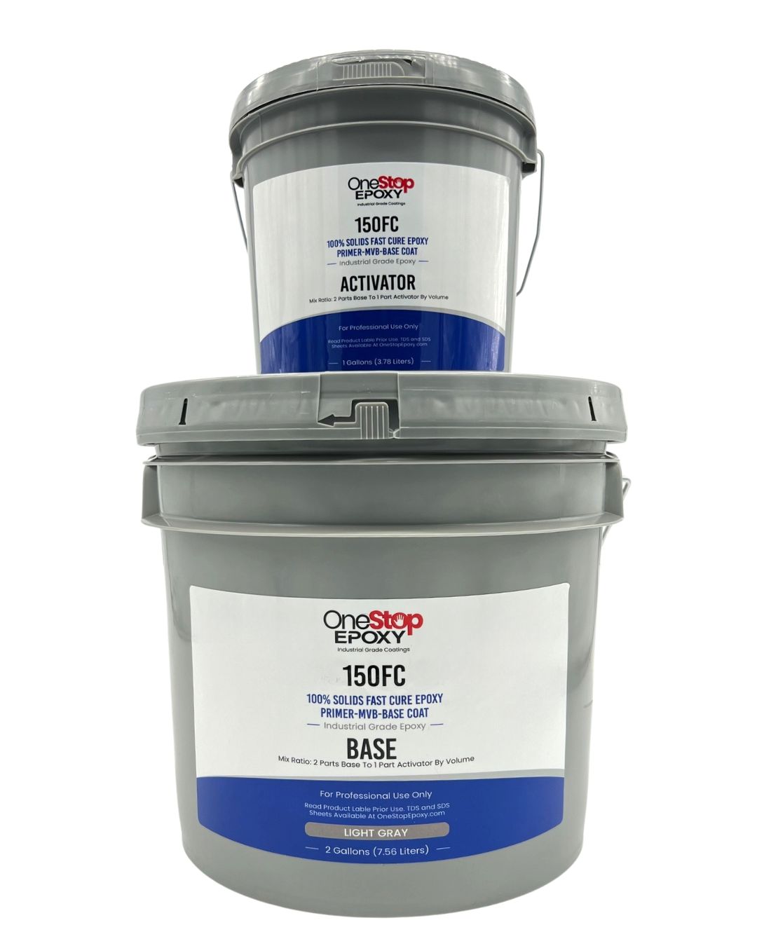150 Fast Cure self leveling 100% solids epoxy kit including base and activator buckets; functions as a primer, base coat, and moisture vapor barrier.