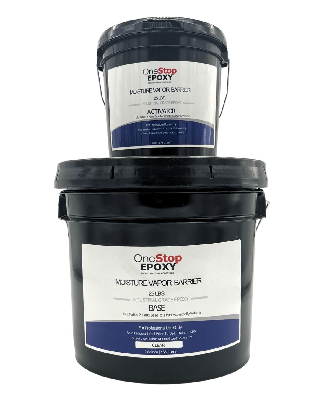 One Stop Epoxy 100% solids moisture vapor barrier kit featuring a 25 lb moisture resistance rating and a self leveling industrial grade foundation.