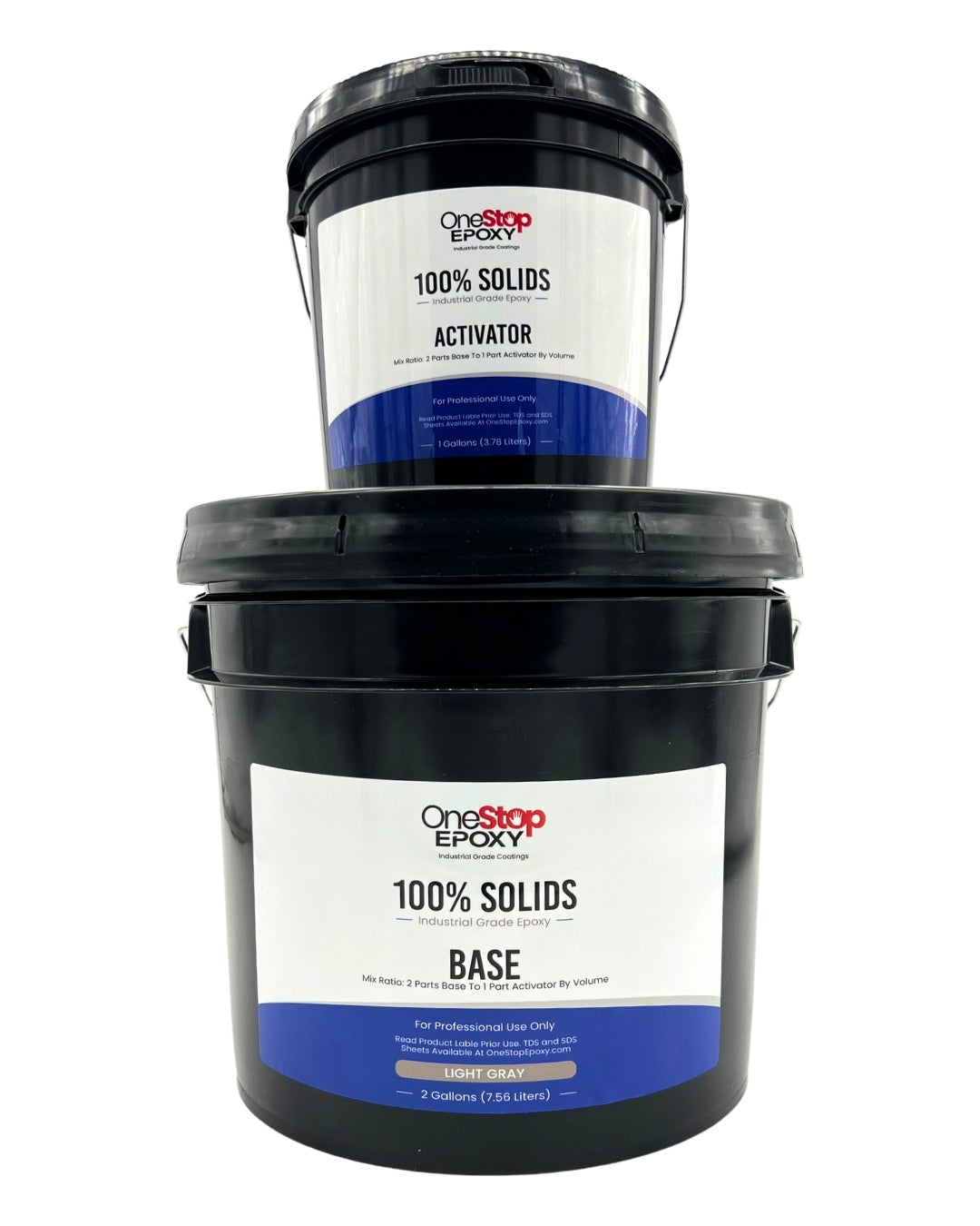 A 3-gallon kit of One Stop Epoxy 100% Solids Industrial Grade Epoxy featuring two black buckets stacked on top of each other. The larger bottom bucket is labeled 'Base' and the smaller top bucket is labeled 'Activator' against a white background