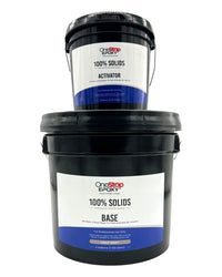 Thumbnail for A 3-gallon kit of One Stop Epoxy 100% Solids Industrial Grade Epoxy featuring two black buckets stacked on top of each other. The larger bottom bucket is labeled 'Base' and the smaller top bucket is labeled 'Activator' against a white background