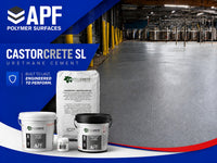 Thumbnail for APF Polymer Surfaces CastorCrete SL urethane cement kit components including bags and buckets, shown with a blue APF banner set against a clean industrial warehouse floor.
