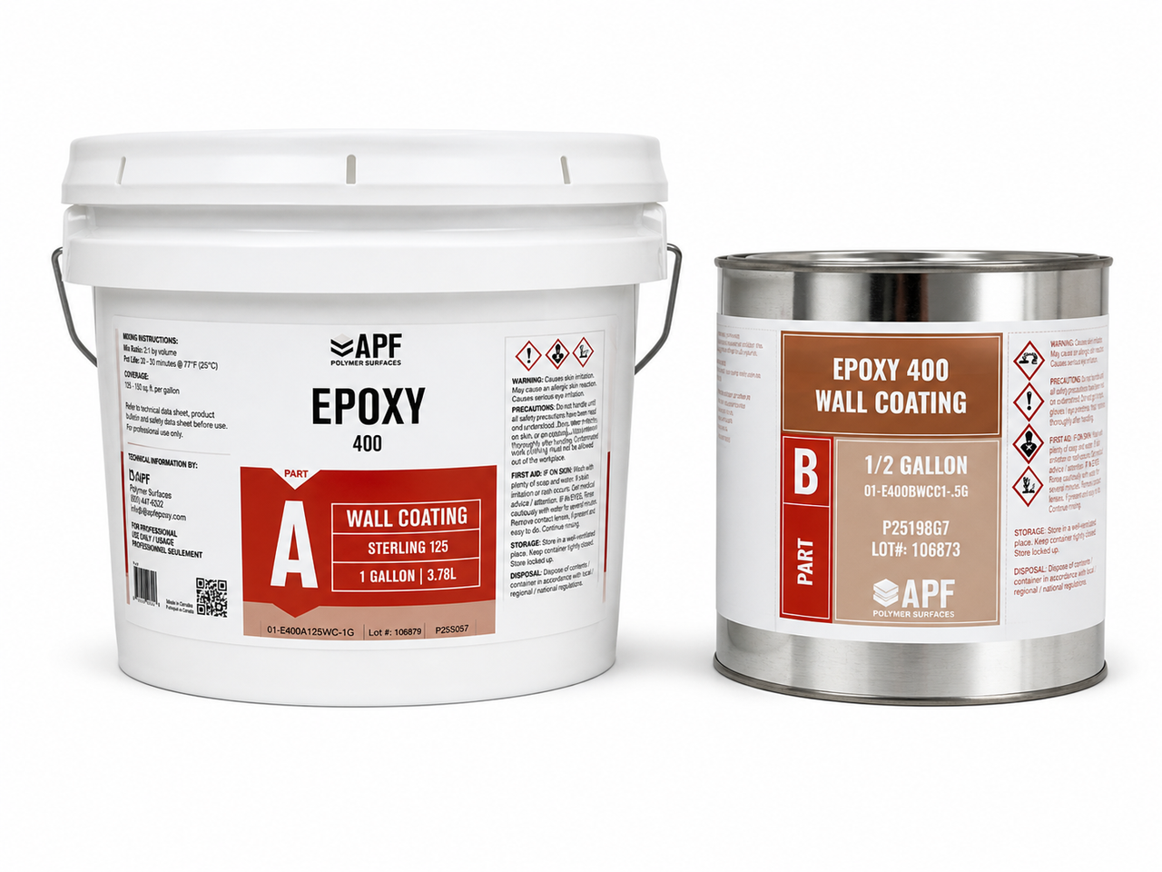 A kit of APF Epoxy 400 Wall Coating (WC) featuring a 1-gallon white plastic pail of Part A resin in Sterling 125 color and a silver 1/2 gallon metal can of Part B hardener, presented on a clean, bright white background.