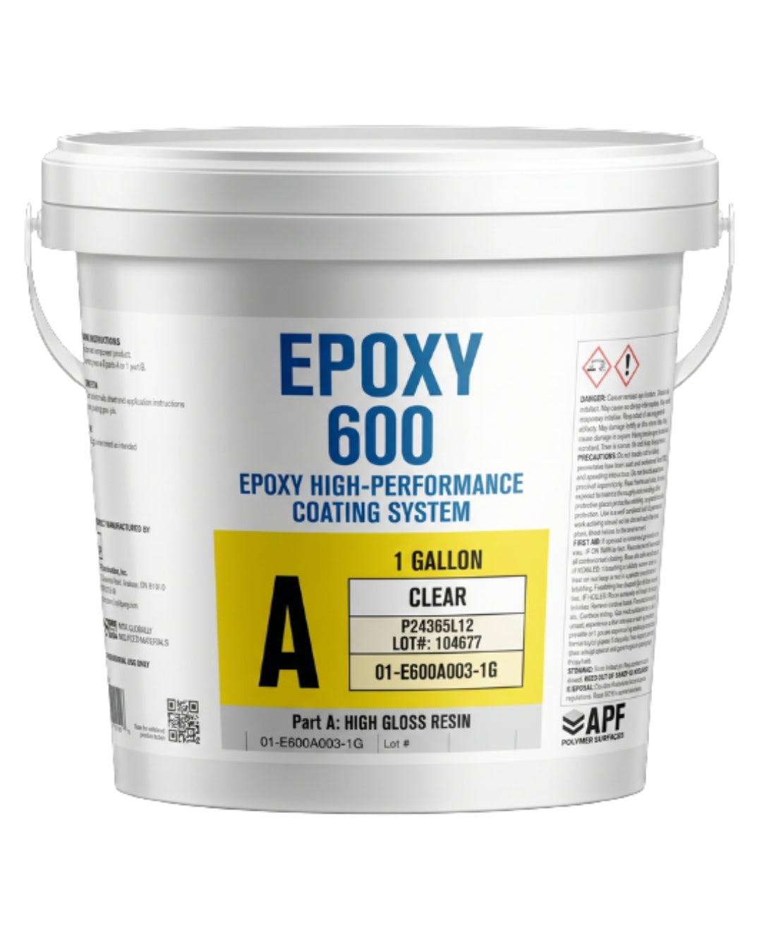 A 1-gallon container of APF Epoxy 600 Clear High-Gloss Resin featuring its technical label, designed for acid and solvent resistance on concrete substrates