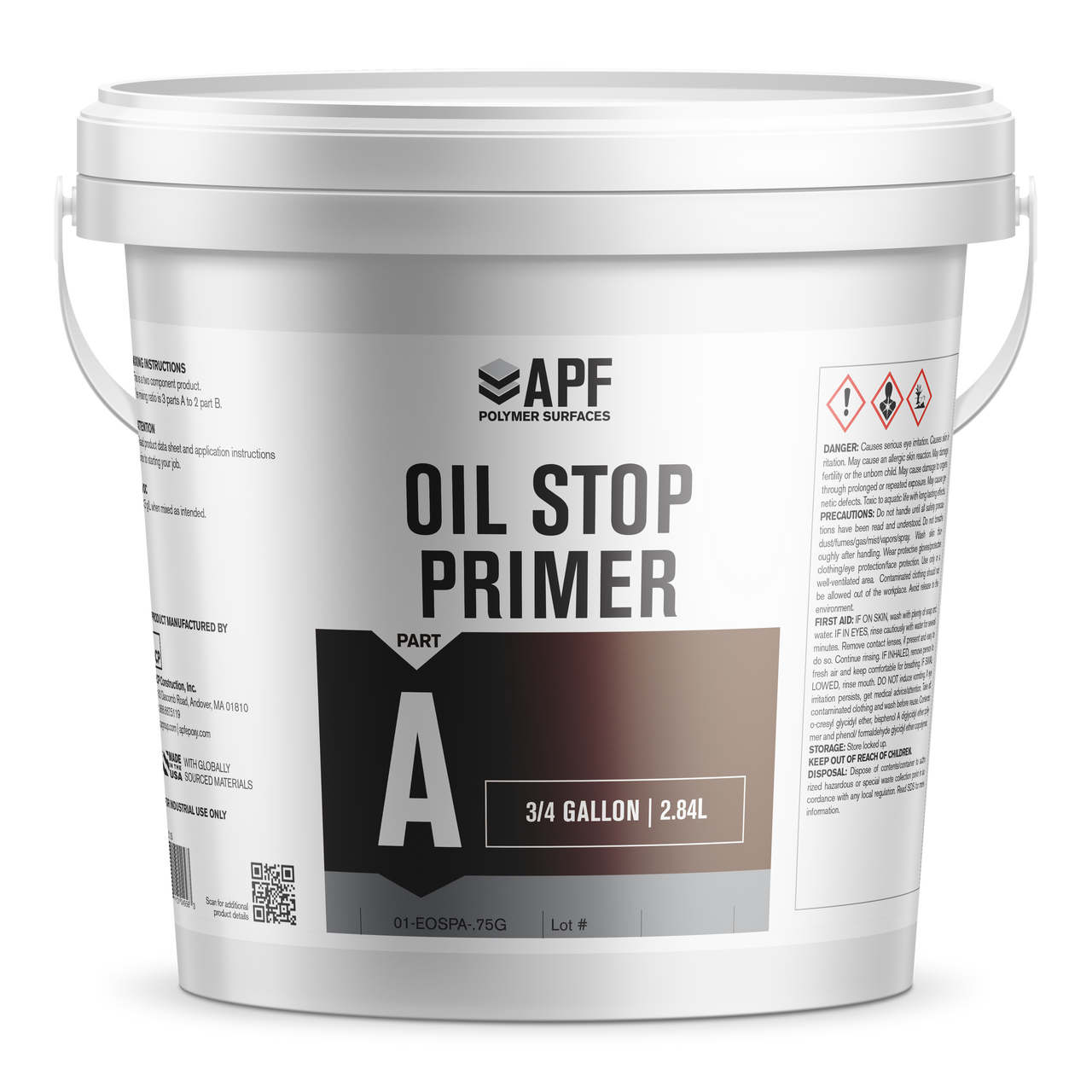 A professional product shot of a white plastic bucket containing APF Oil Stop Primer Part A, labeled as 3/4 gallon (2.84L), designed specifically for bonding to oil-contaminated and hydrocarbon-soaked concrete floor surfaces.