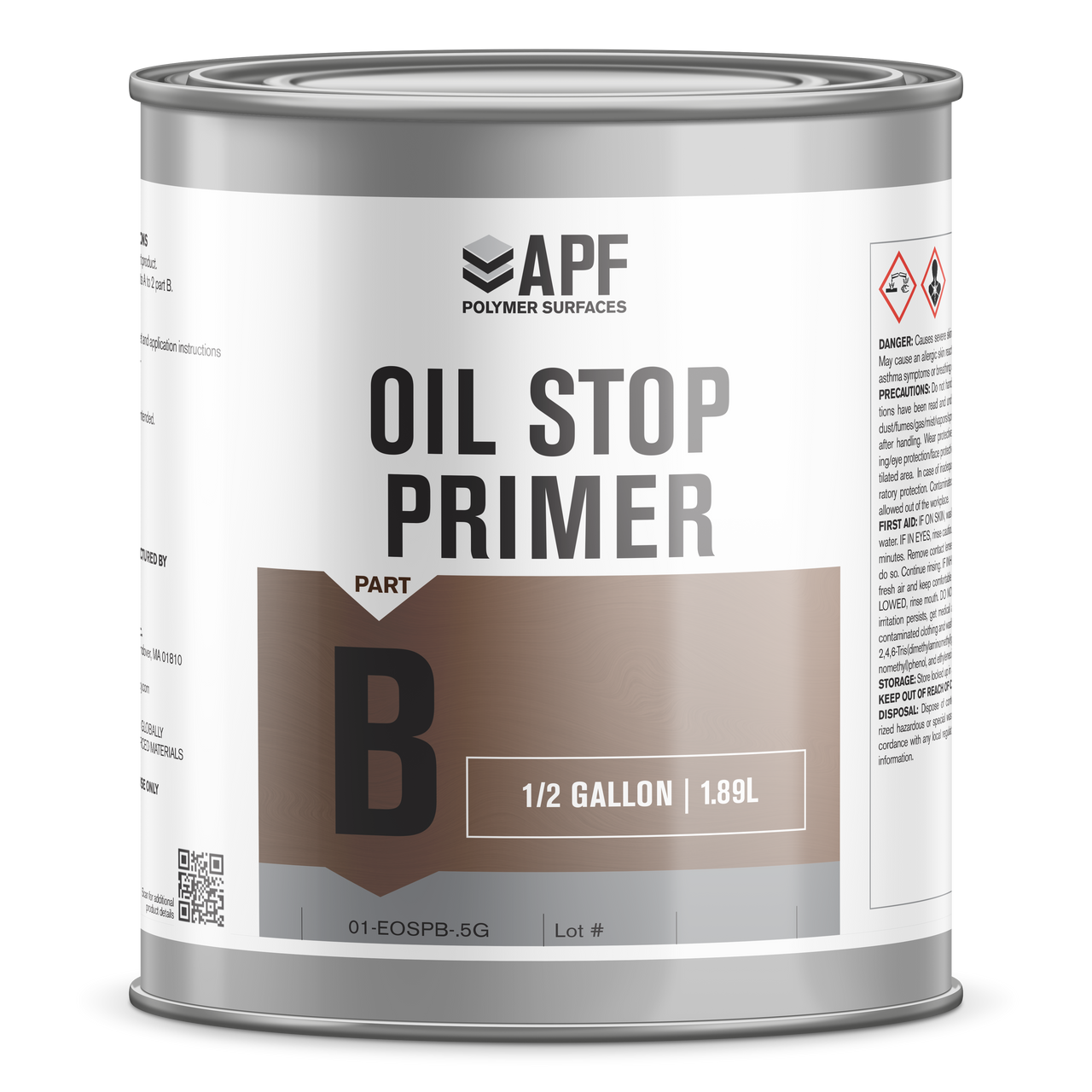 A silver metal can of APF Oil Stop Primer Part B Hardener, labeled as 1/2 Gallon (1.89L), used as the reactive component for an epoxy primer system designed to bond to oil-contaminated concrete.