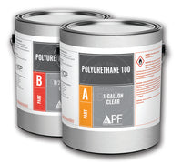 Thumbnail for Two silver metal cans of APF Polyurethane 100 Satin aliphatic polyurethane topcoat, labeled Part A and Part B, used for UV-stable and chemical-resistant garage floor coatings.