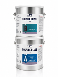 Thumbnail for Professional APF Polyurethane 250 Gloss 1 Gallon Kit showing the stacked Part A and Part B metal cans. Part A is a 1 Gallon Gloss Clear base and Part B is a 1/2 Gallon activator, designed for high-performance concrete sealing.