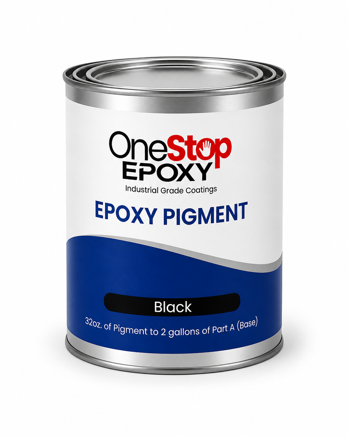 32oz metal container of One Stop Epoxy Black pigment for industrial-grade coatings. Label specifies mixing 32oz of pigment into 2 gallons of Part A resin base.