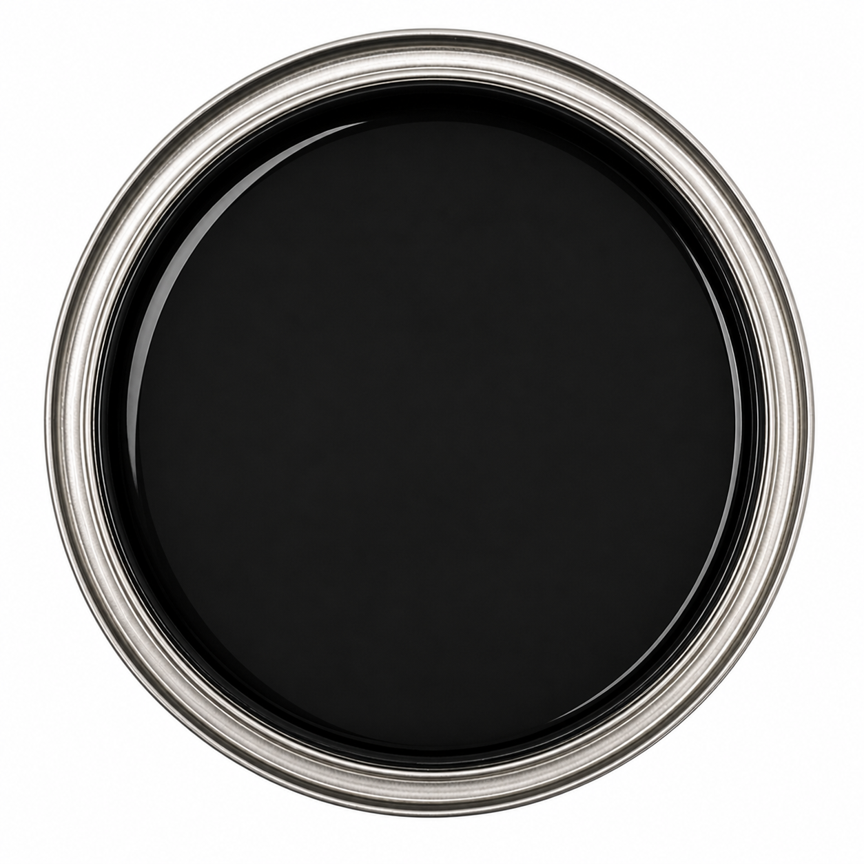 Overhead view of a metal can filled with smooth, Black liquid pigment, showing a balanced neutral tone for industrial floor coatings.