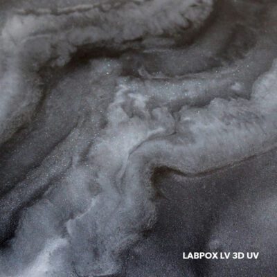 Close-up sample of a black and silver marble metallic epoxy floor with deep 3D pigment movement using LABPOX LV 3D UV