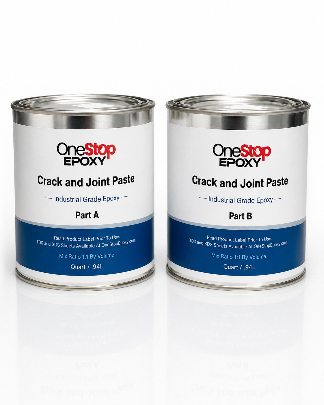 Two-component kit of One Stop Epoxy Crack and Joint Paste featuring Part A and Part B industrial grade epoxy in quart containers for concrete surface repair.