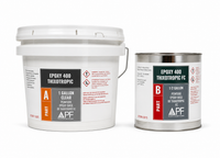 Thumbnail for A professional product photography shot of the APF Epoxy 400 Thixotropic kit featuring a large 1-gallon white plastic bucket of Part A Clear resin alongside a silver 1/2 gallon metal can of Part B Hardener, set against a clean, bright white background.