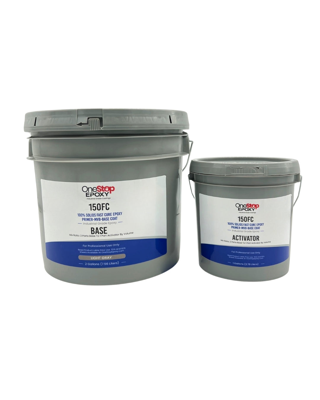 150 Fast Cure self leveling 100% solids epoxy kit featuring labeled base and activator buckets for high-build industrial broadcast floors.