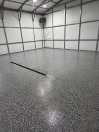 Thumbnail for Full broadcast domino flake garage floor coating with a high-gloss polyaspartic topcoat for a durable granite-look finish.