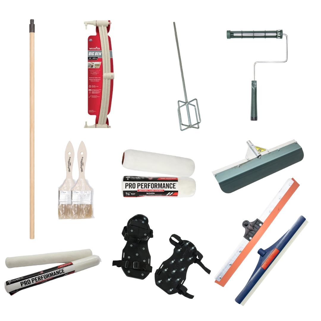 Full flake epoxy flooring tool kit for up to 400 sq ft including rollers, squeegees, spiked shoes, mixer, and scraper.
