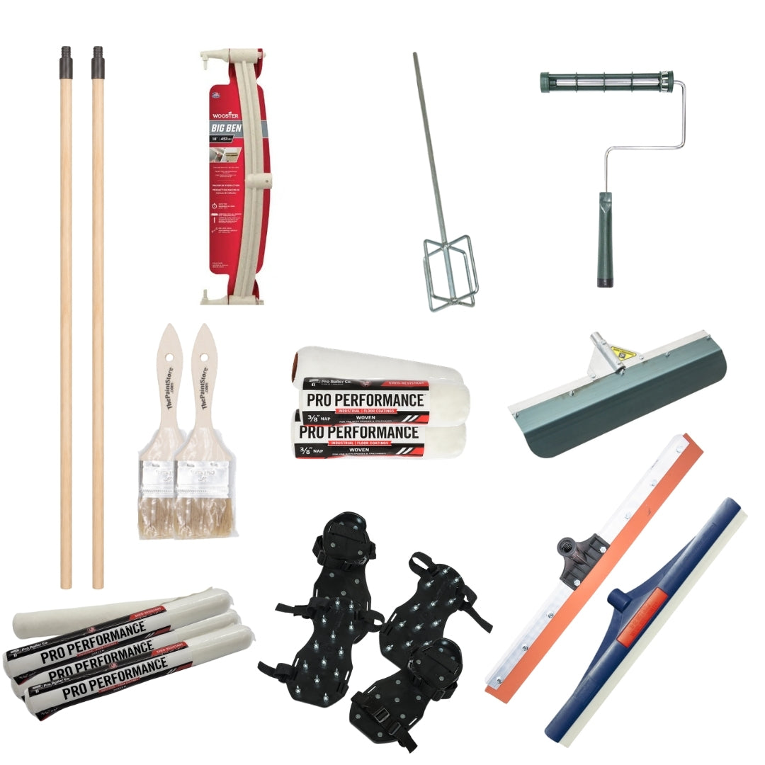 Complete full flake epoxy floor installation tool set with rollers, squeegees, and spiked shoes.
