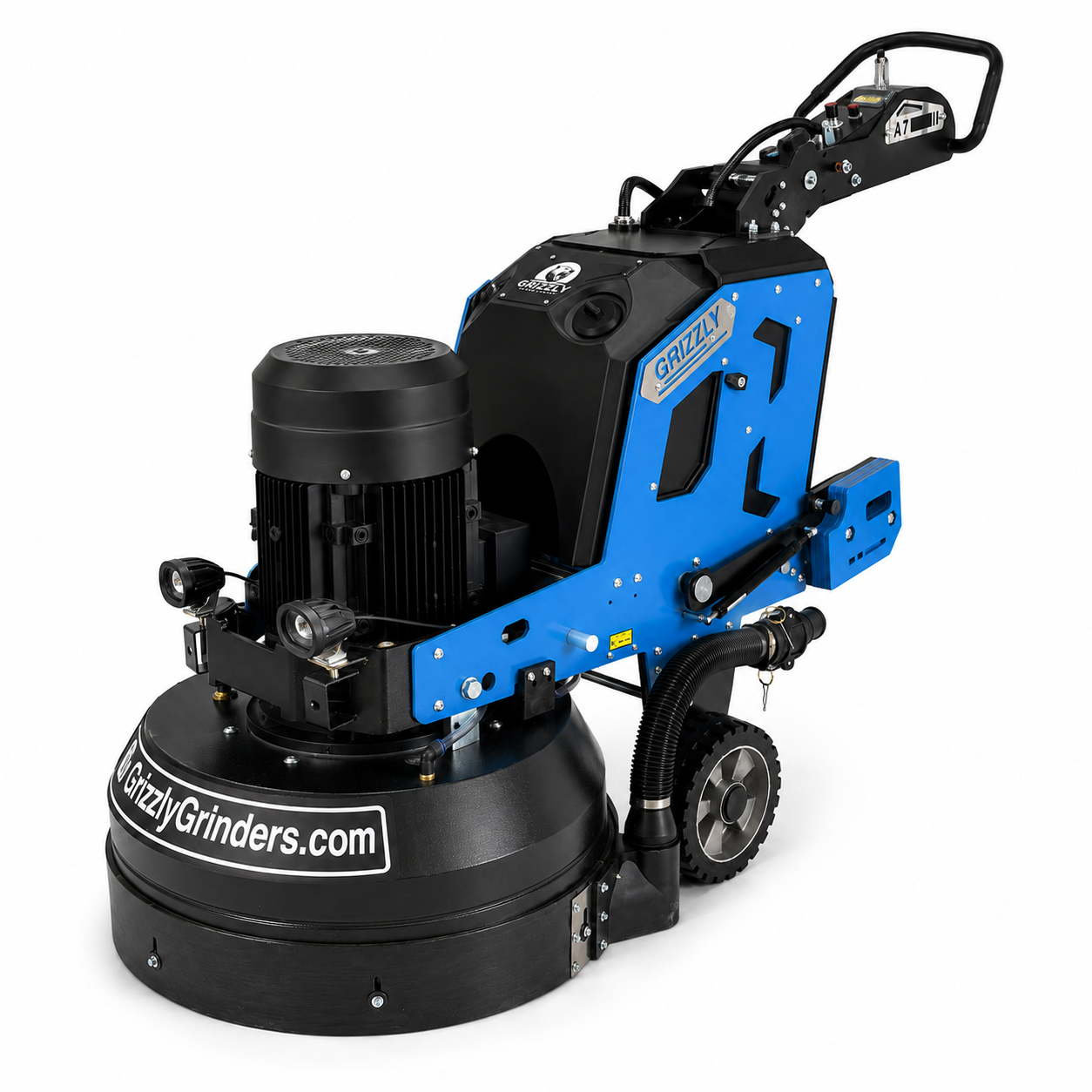Three-quarter angle view of the Grizzly Grinders Pappa Bear planetary concrete floor grinder showcasing the blue frame with Grizzly badging, black motor, LED work lights, and Grinders.com lower shroud against a white background.