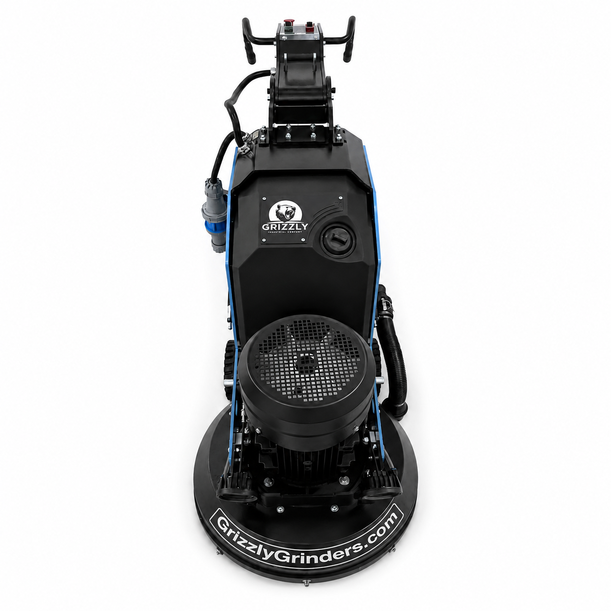 High-angle front view of the Grizzly Grinders Pappa Bear planetary concrete floor grinder showing the handle controls, black motor cover, blue frame, and GrizzlyGrinders.com branding on the lower shroud against a white background.