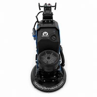 Thumbnail for High-angle front view of the Grizzly Grinders Pappa Bear planetary concrete floor grinder showing the handle controls, black motor cover, blue frame, and GrizzlyGrinders.com branding on the lower shroud against a white background.