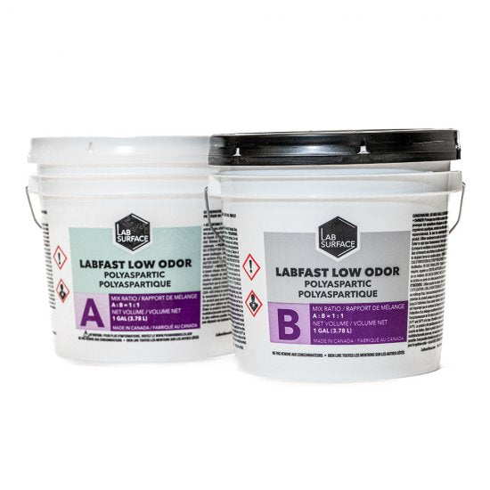 Labfast Low Odor 85 XT 2-Gallon Kit showing Part A and Part B polyaspartic resin for extended working time and superior flake broadcast coverage.