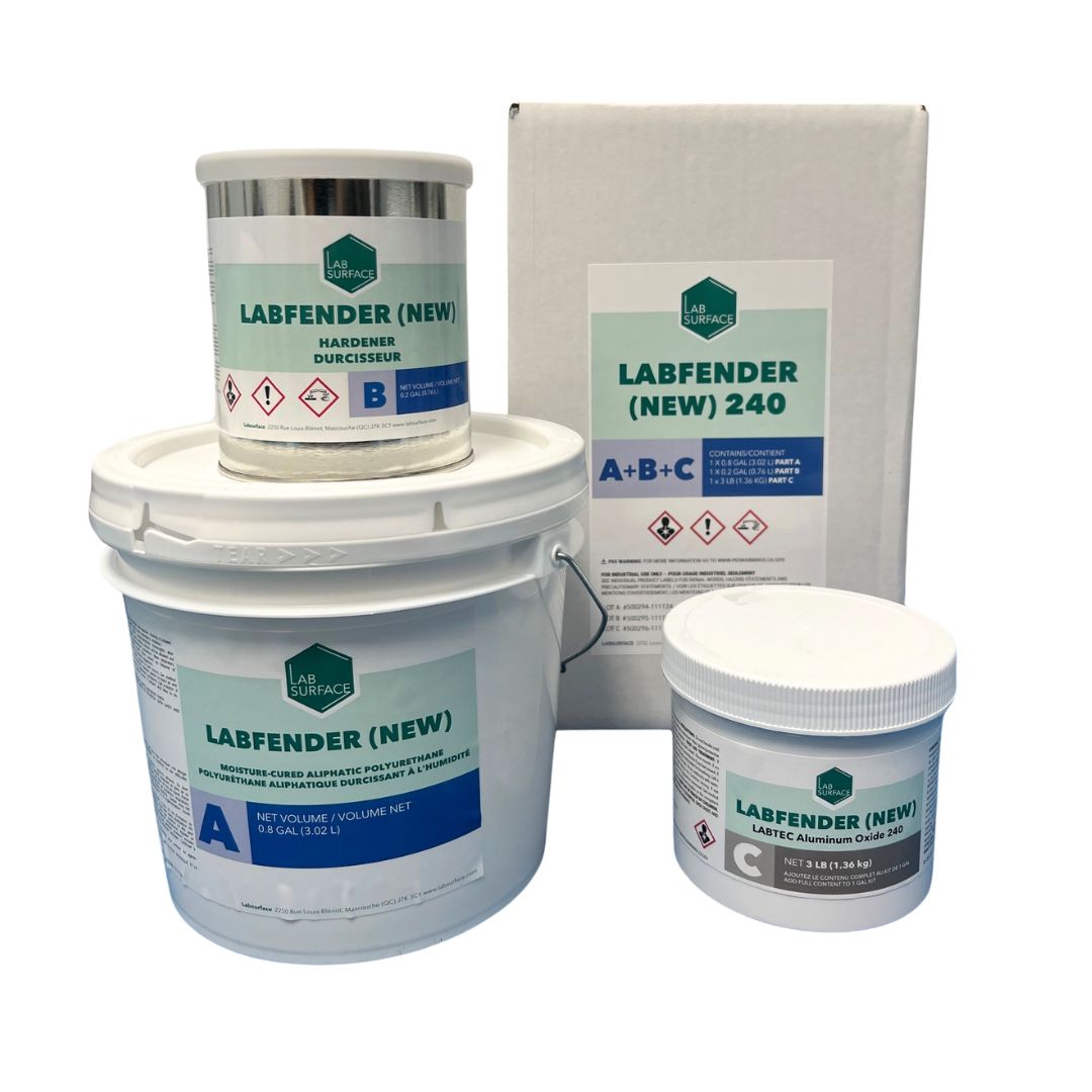 Complete 3-component kit of LABFENDER (NEW) 240 Aliphatic Polyurethane including Part A resin, Part B hardener, and Part C Aluminum Oxide 240 grit additive for high-performance floor protection.