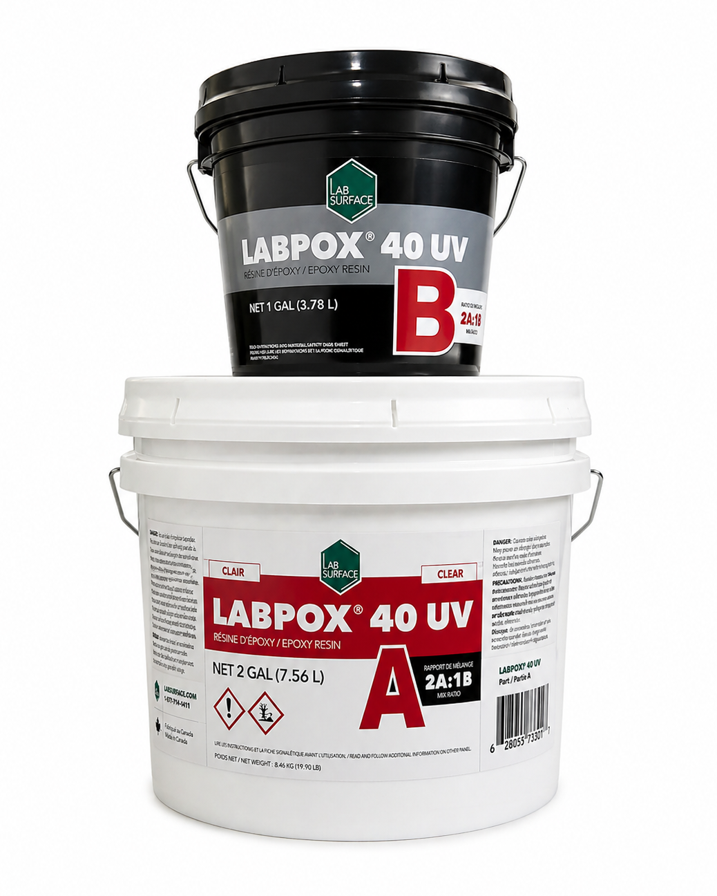 LABPOX 40 UV 3 Gallon Kit featuring a 2 gallon Part A white bucket and a 1 gallon Part B black bucket. High-clarity, UV-resistant 100% solids epoxy designed for metallic and decorative floor coatings.