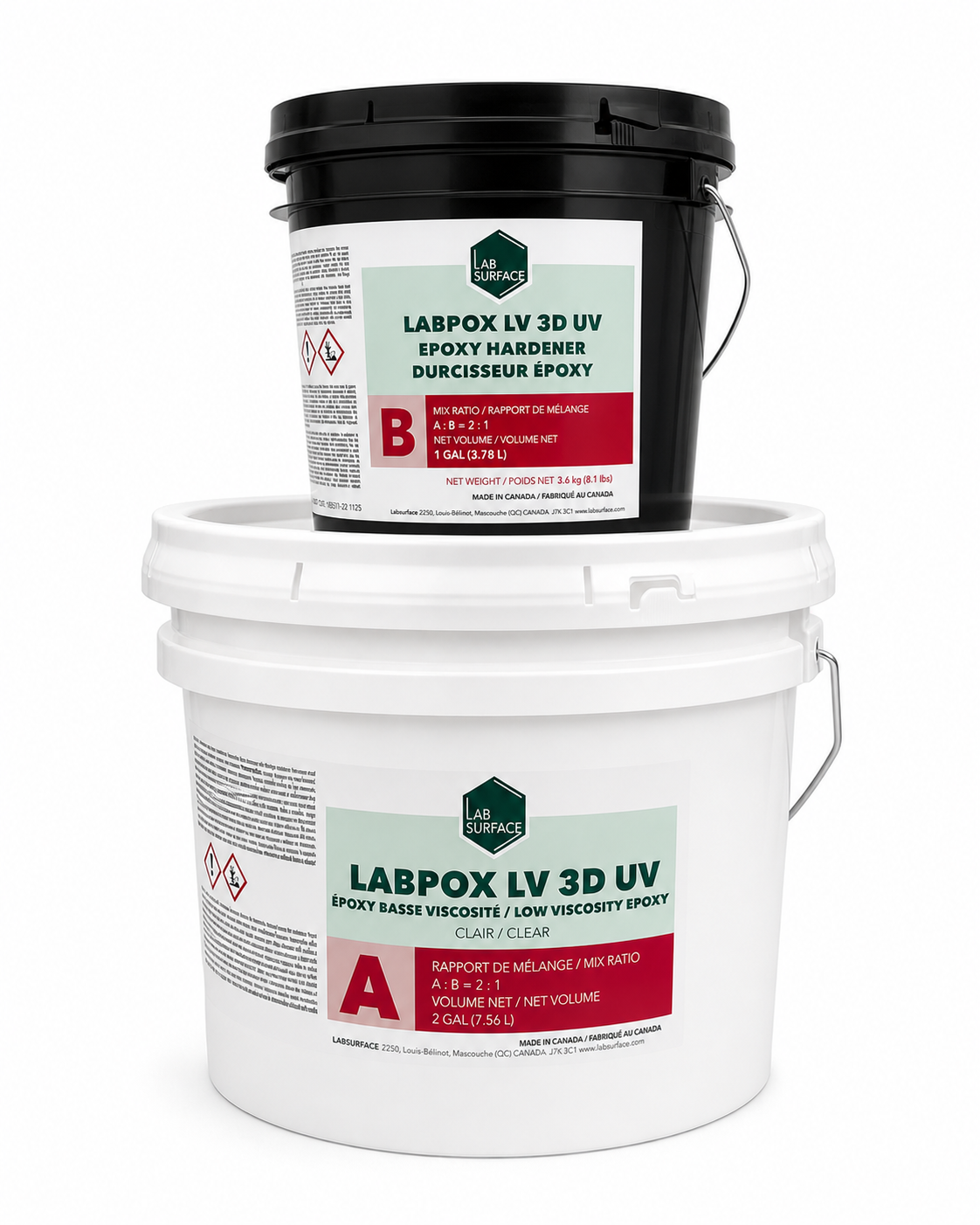 Two-bucket kit of LABPOX LV 3D UV Ultra Low Viscosity Metallic Epoxy including a 2-gallon Part A resin pail and a 1-gallon Part B hardener for advanced 3D floor designs.