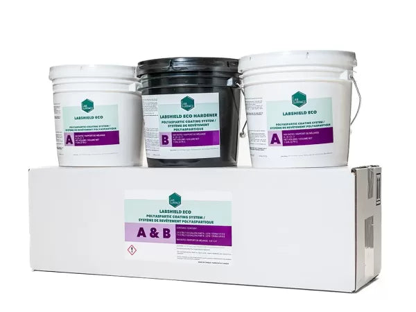 LABSHIELD ECO 3 Gallon Kit featuring low-odor, 100% solids polyaspartic Part A and Part B buckets for professional indoor epoxy floor coating.