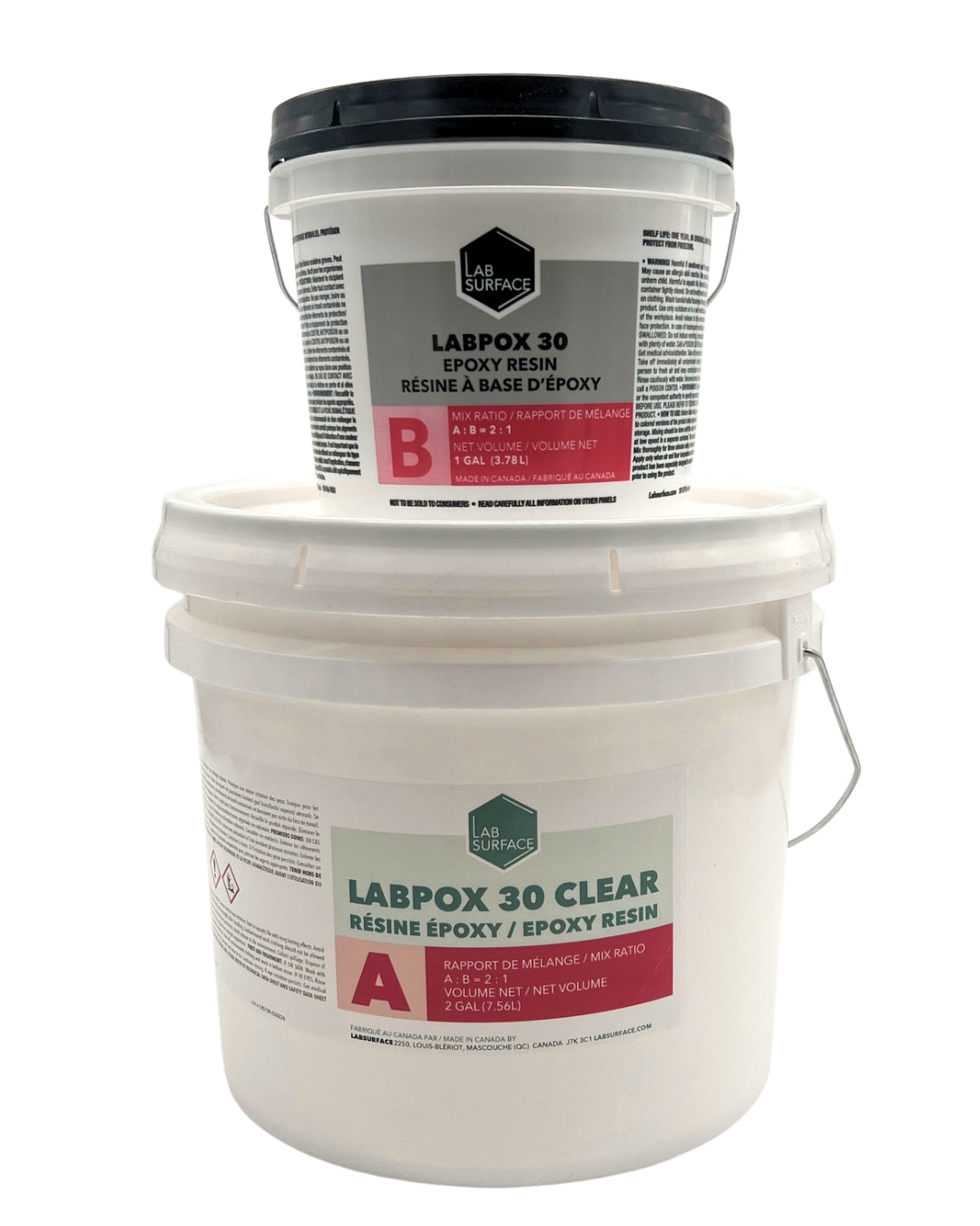 Two buckets of LabSurface LABPOX 30 100% solids epoxy resin on a white background, designed for high-performance floor coatings.