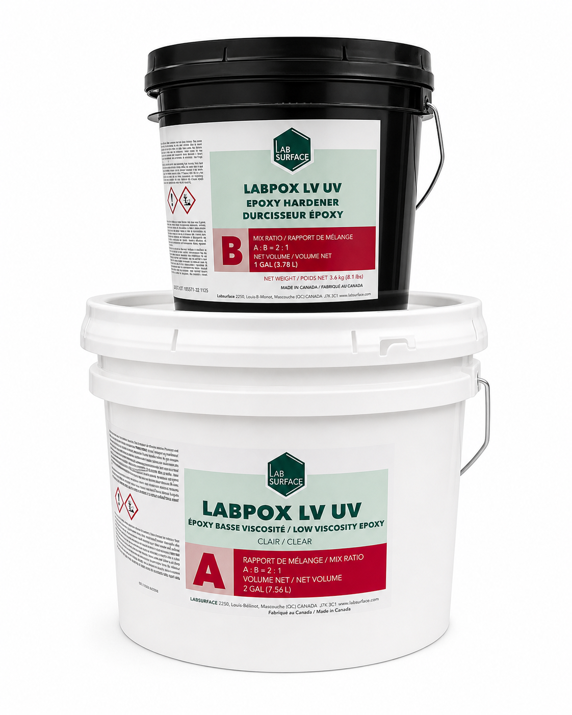 Two buckets of LabSurface LABPOX LV UV low-viscosity, UV-resistant epoxy resin on a clean white background.