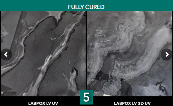 Side-by-side comparison of fully cured LABPOX LV UV showcasing the enhanced pigment movement and depth of the 3D resin system.