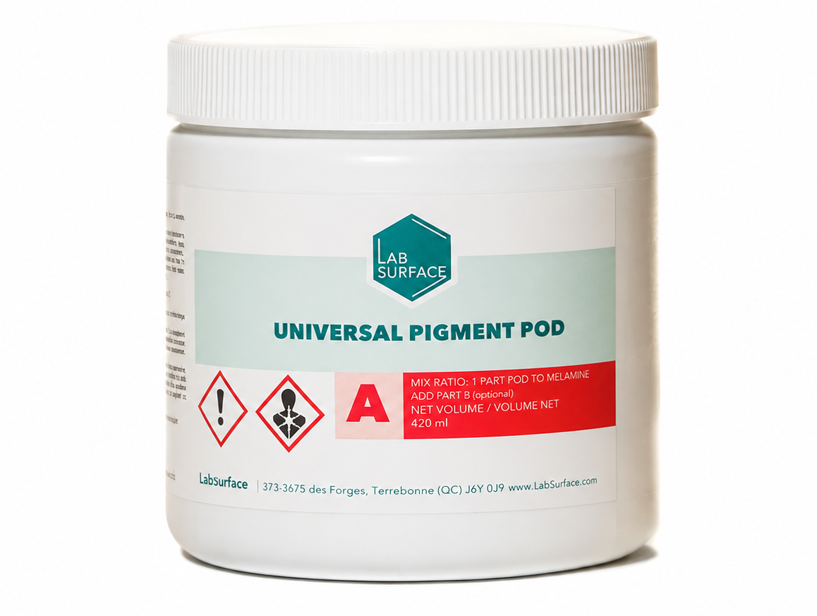 A single 420ml LabSurface Universal Pigment Pod designed for field-blending with LABPOX and LABFAST resin systems. The label shows industrial safety icons and mixing instructions.
