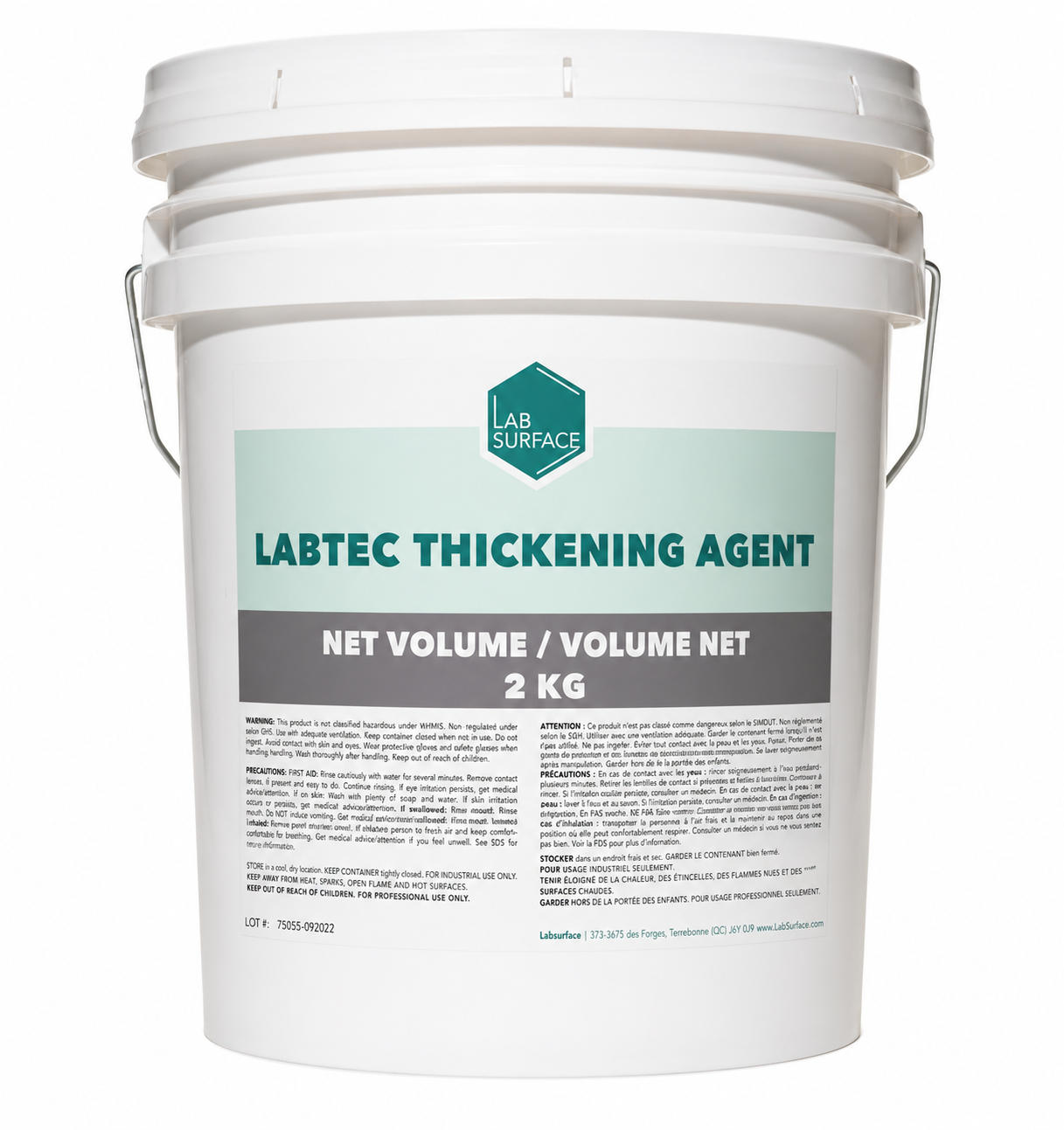 Front view of LABTEC thickening powder in a white industrial container, featuring the LabSurface logo and clear labeling for professional epoxy floor preparation.