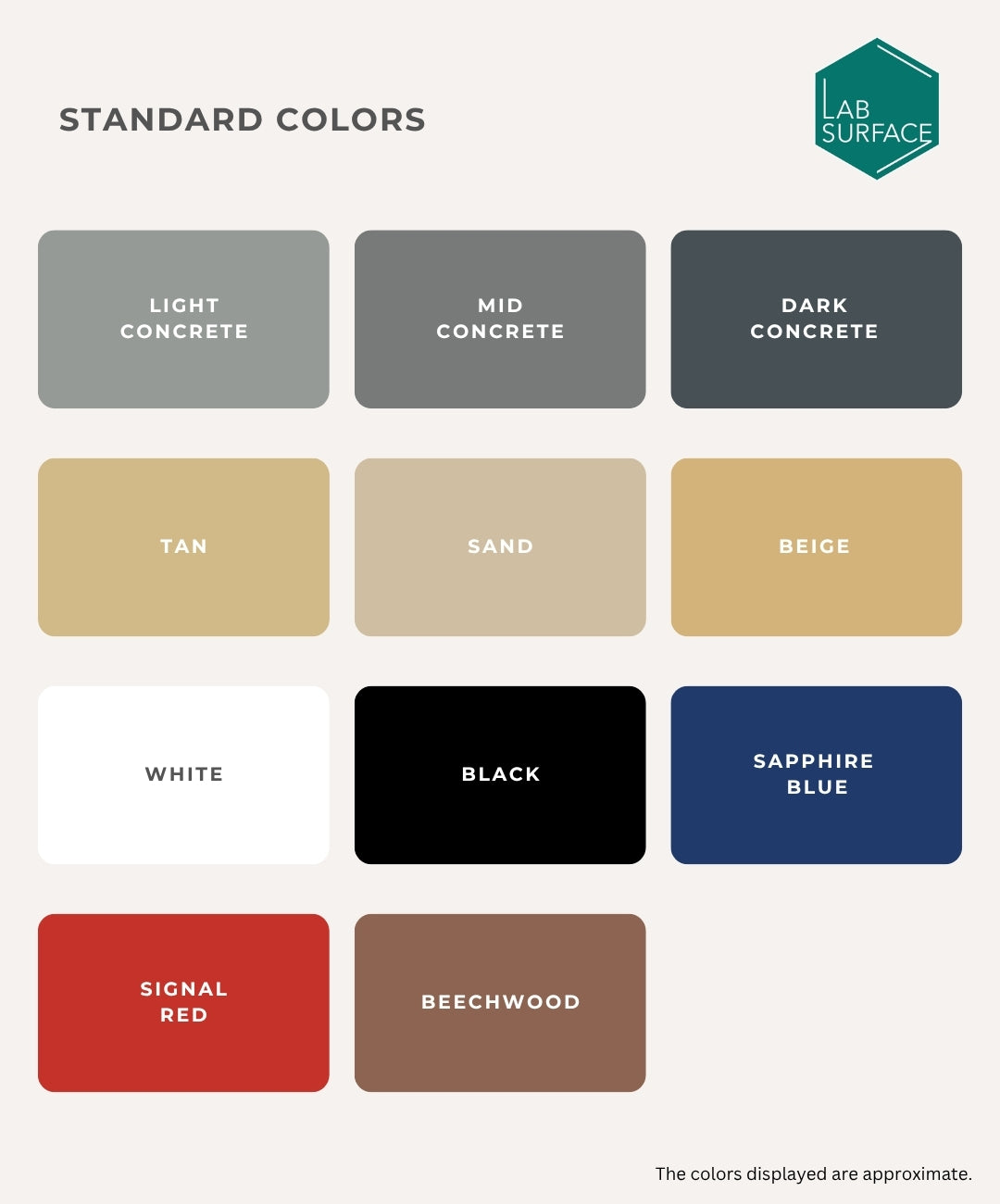 Standard color chart for LABTEC Universal Pigment Pods featuring solid floor coating colors including Light, Mid, and Dark Concrete, Tan, Sand, Beige, White, Black, Sapphire Blue, Signal Red, and Beechwood.