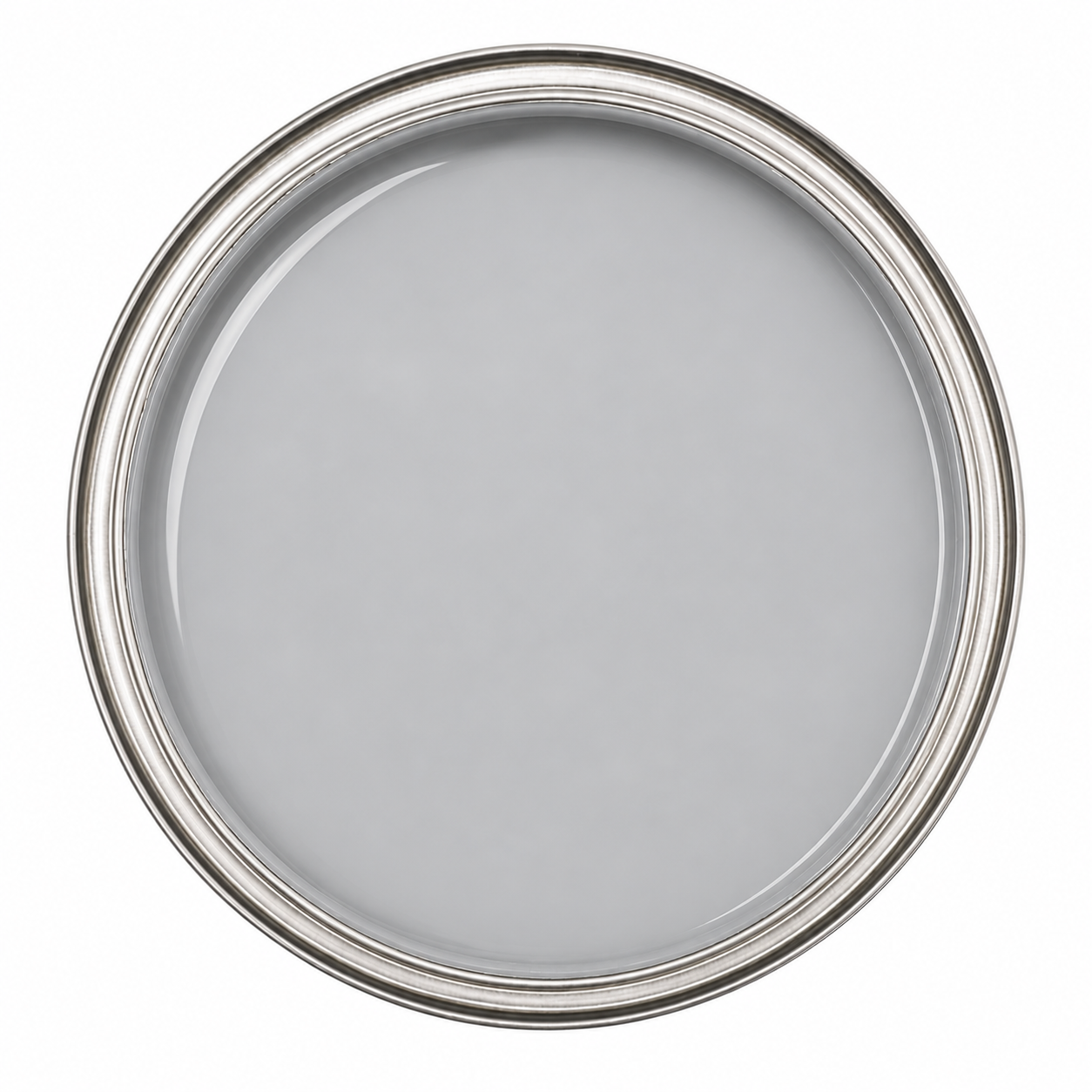 Top-down view of an open metal container showing the smooth, high-gloss consistency of One Stop Epoxy Light Gray liquid pigment.