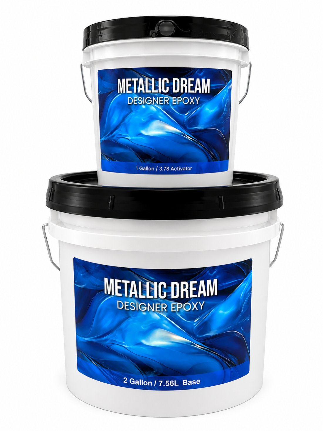 Two white buckets with blue and black Metallic Dream labels stacked vertically; includes a 2-gallon base and 1-gallon activator.