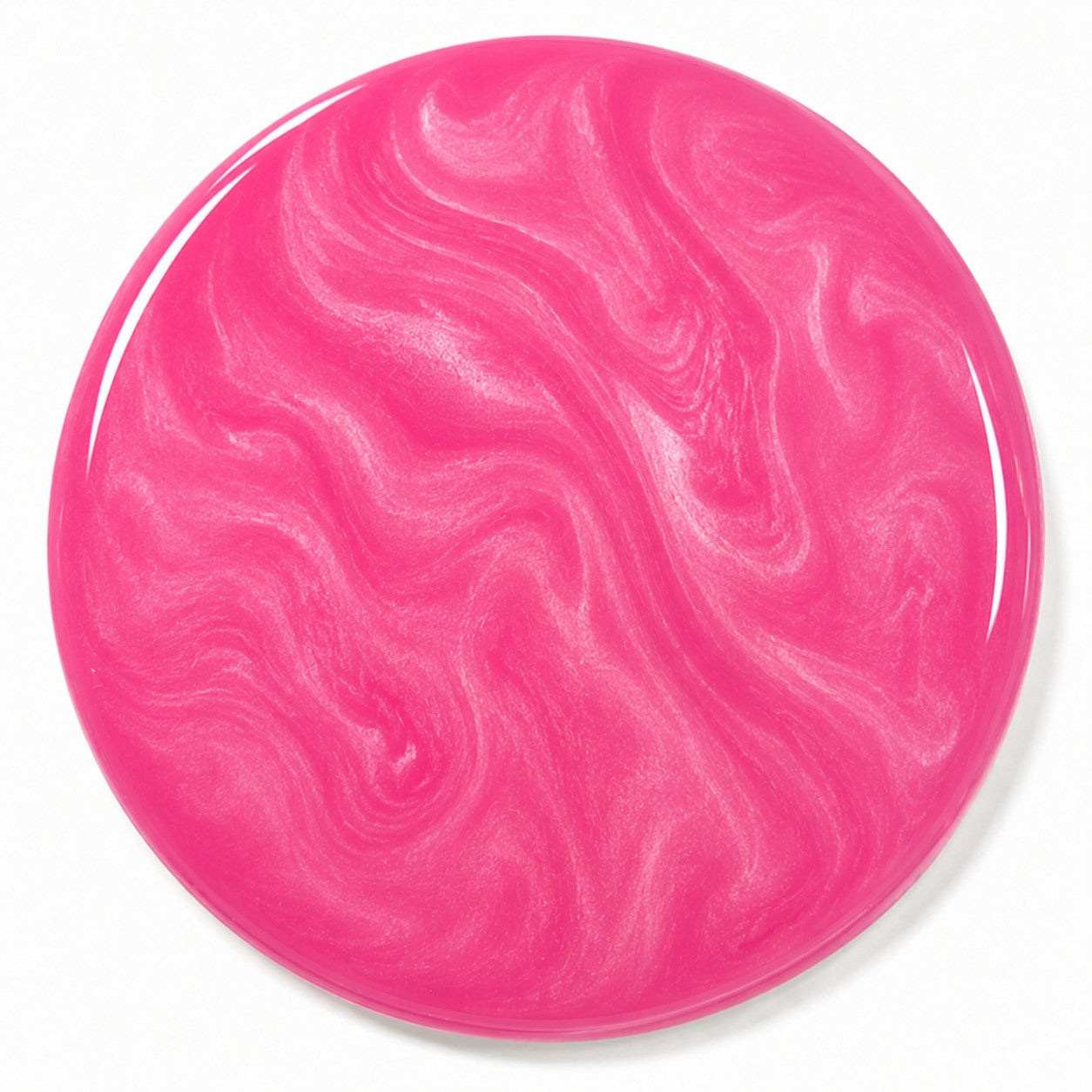 Hot pink metallic epoxy pigment sample with glossy pearlescent swirl patterns.