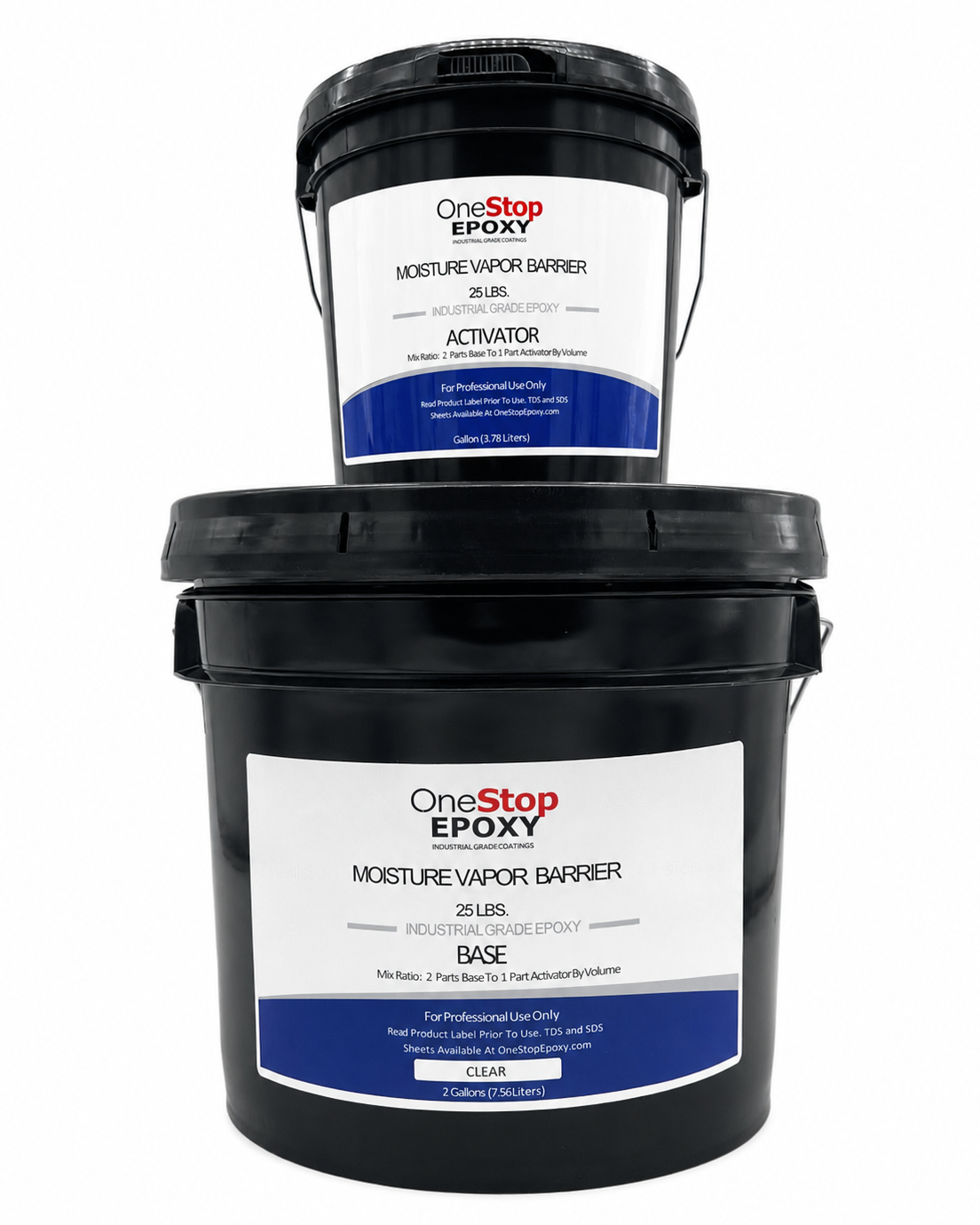 Two black industrial buckets, one large base and one smaller activator, stacked vertically with professional One Stop Epoxy labeling on a white background.