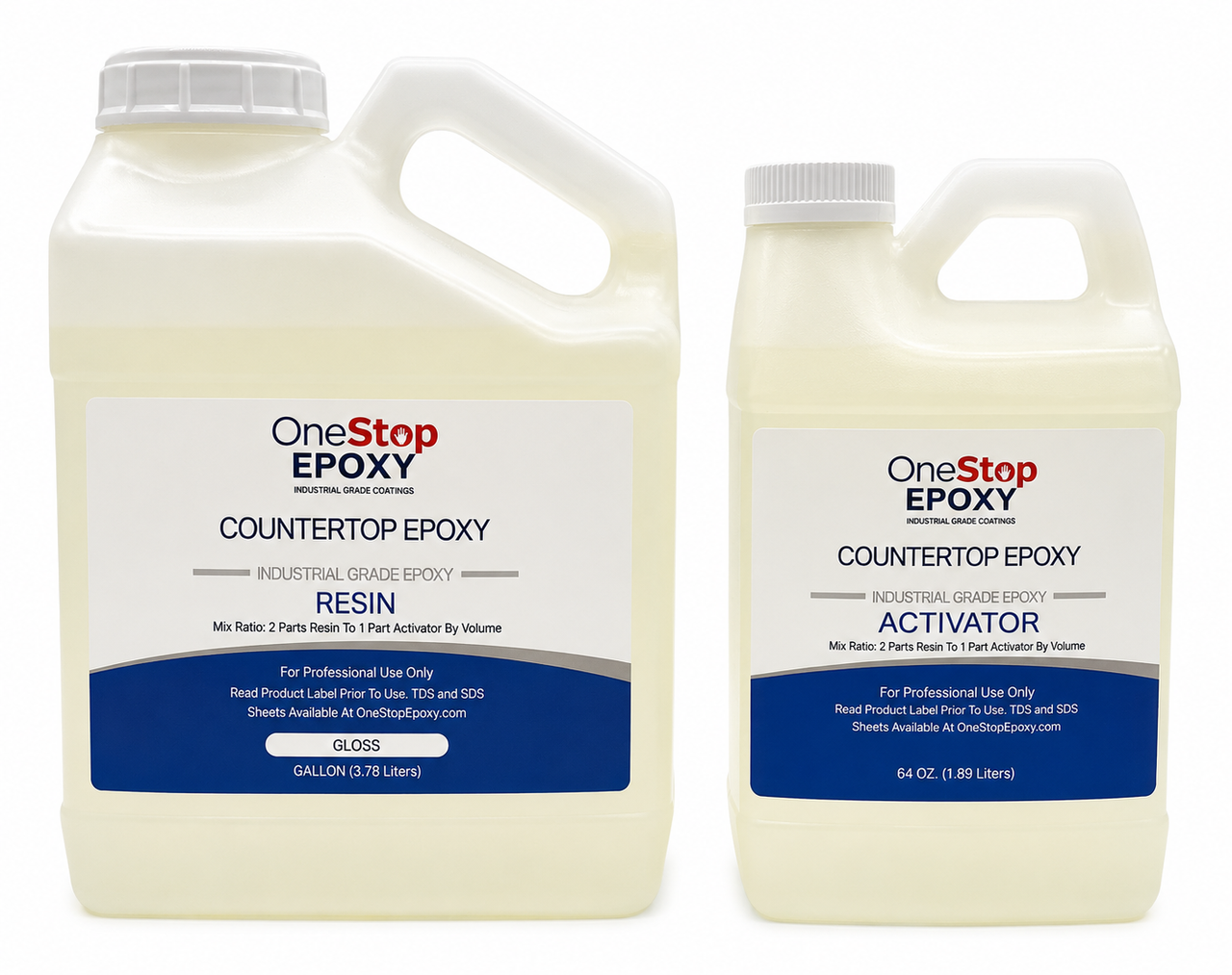 Two-part One Stop Epoxy countertop resin kit featuring a 1-gallon Resin jug and a 64oz Activator jug, showing a professional-grade 2 to 1 mix ratio.