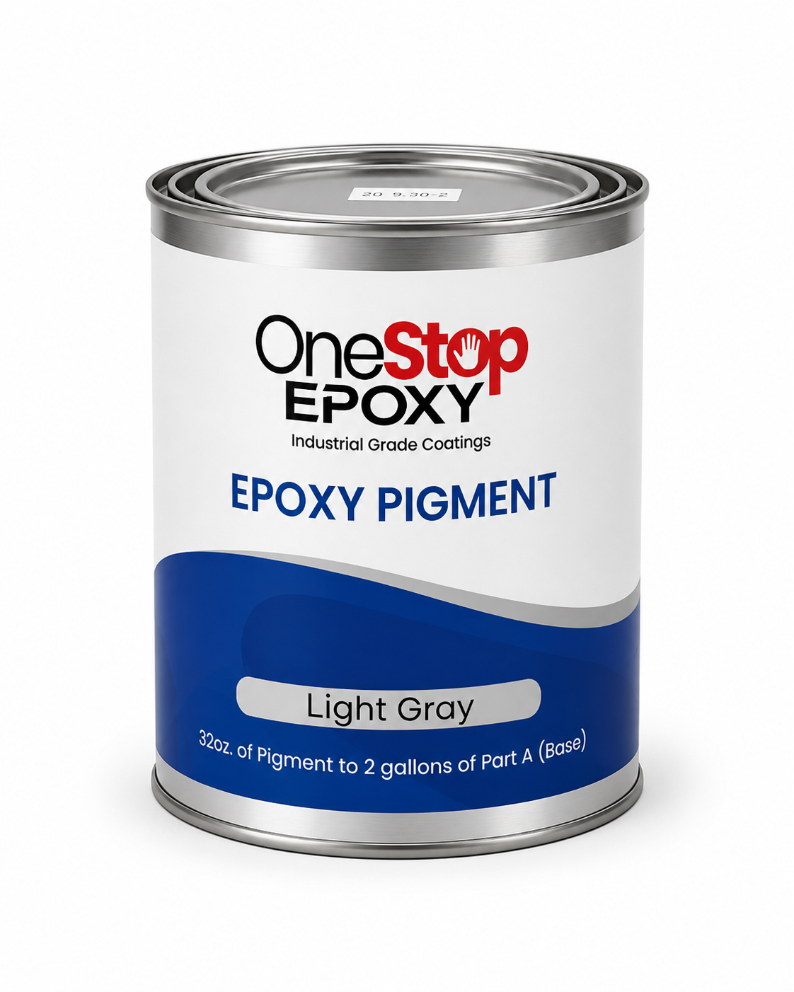 32oz metal container of One Stop Epoxy Light Gray solid color pigment. Label indicates it is industrial grade and pre-measured for 2 gallons of Part A resin.
