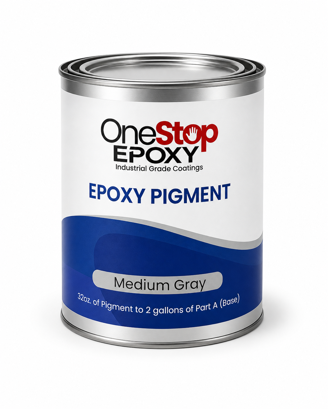 32oz container of One Stop Epoxy Medium Gray solid color pigment. Label indicates it is industrial grade and pre-measured for 2 gallons of Part A resin.