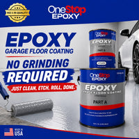 Thumbnail for One Stop Epoxy 2-part garage floor coating kit with Part A and Part B cans, a paint roller, and text reading 