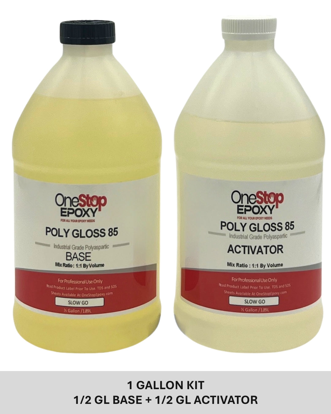 One-gallon Poly Gloss 85 Slow Go polyaspartic kit with extended pot life for hot weather floor coating applications.