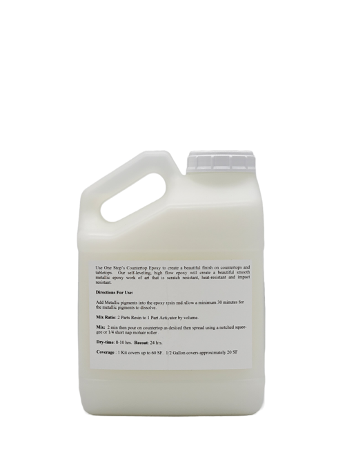 Back label of OneStop Epoxy gallon showing mixing instructions, coverage rates, and technical specifications for professional application.