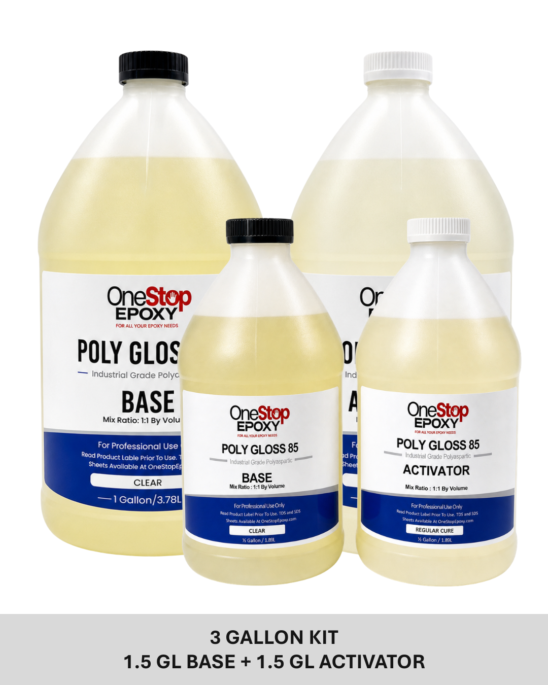 Three clear industrial jugs of Poly Gloss 85 Regular Cure—a 3-gallon kit designed for a crystal-clear, high-gloss protective finish on commercial concrete floors.