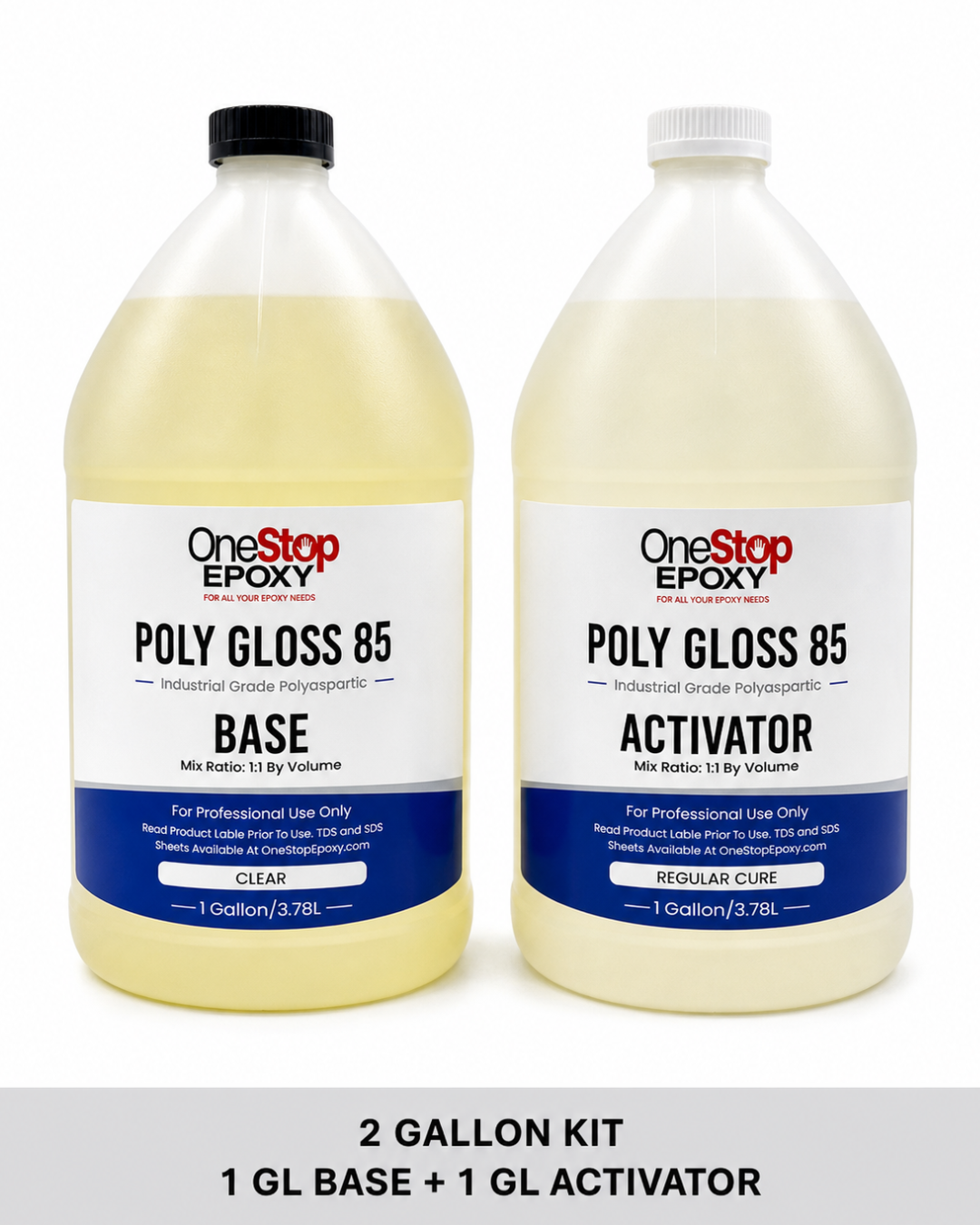 The 2-gallon Poly Gloss 85 kit features a black-capped Base and white-capped Activator, promising a professional-grade UV-stable finish for concrete.