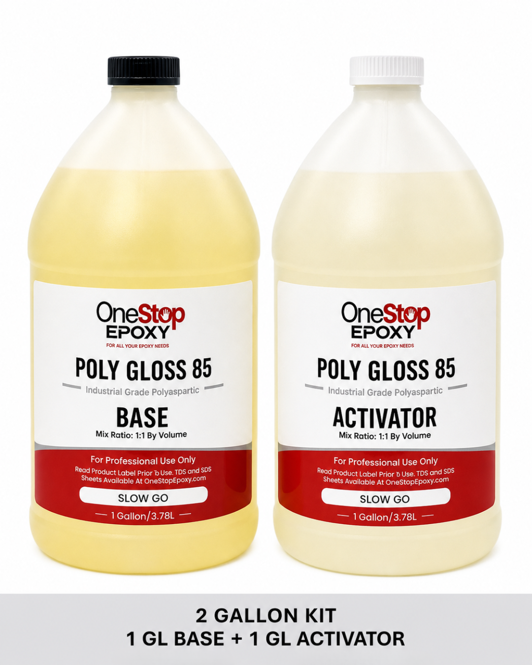 ne Stop Epoxy Poly Gloss 85 Slow Go 2-gallon kit with 1 gallon Base and 1 gallon Activator jugs for extended working time.