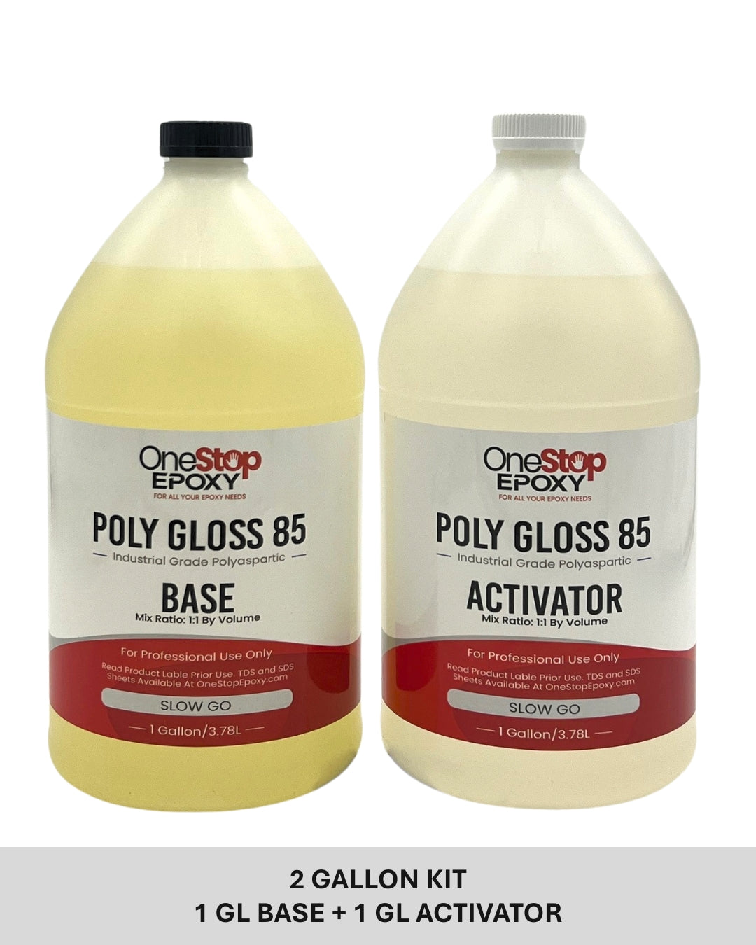 Two-gallon Poly Gloss 85 Slow Go polyaspartic system featuring a long working time for large residential and commercial garage floors
