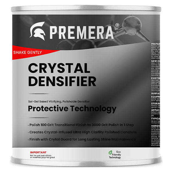 1 Gallon container of Premera Crystal Densifier, a fast-acting Sol-Gel concrete densifier for achieving a 3000 grit mirror finish in a one-day polish system.